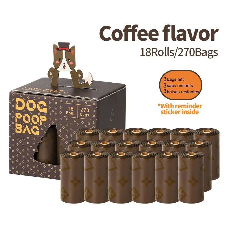 18 Rolls Coffee-flavored Cat Sandbag Dog Poop Bag Pet Leak Proof Biodegradable Garbage Bag Walking Portable Pet Waste Bag