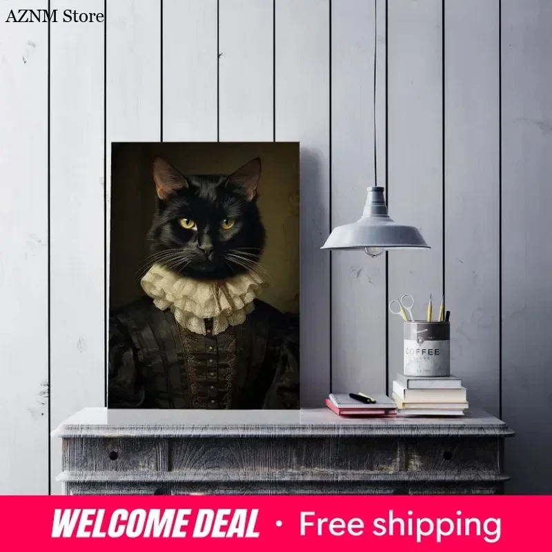Retro Renaissance Animal Portrait Poster Fox Black Cat Lion Owl Royal Pet Canvas Painting Funny Wall Art Living Room Home Decor