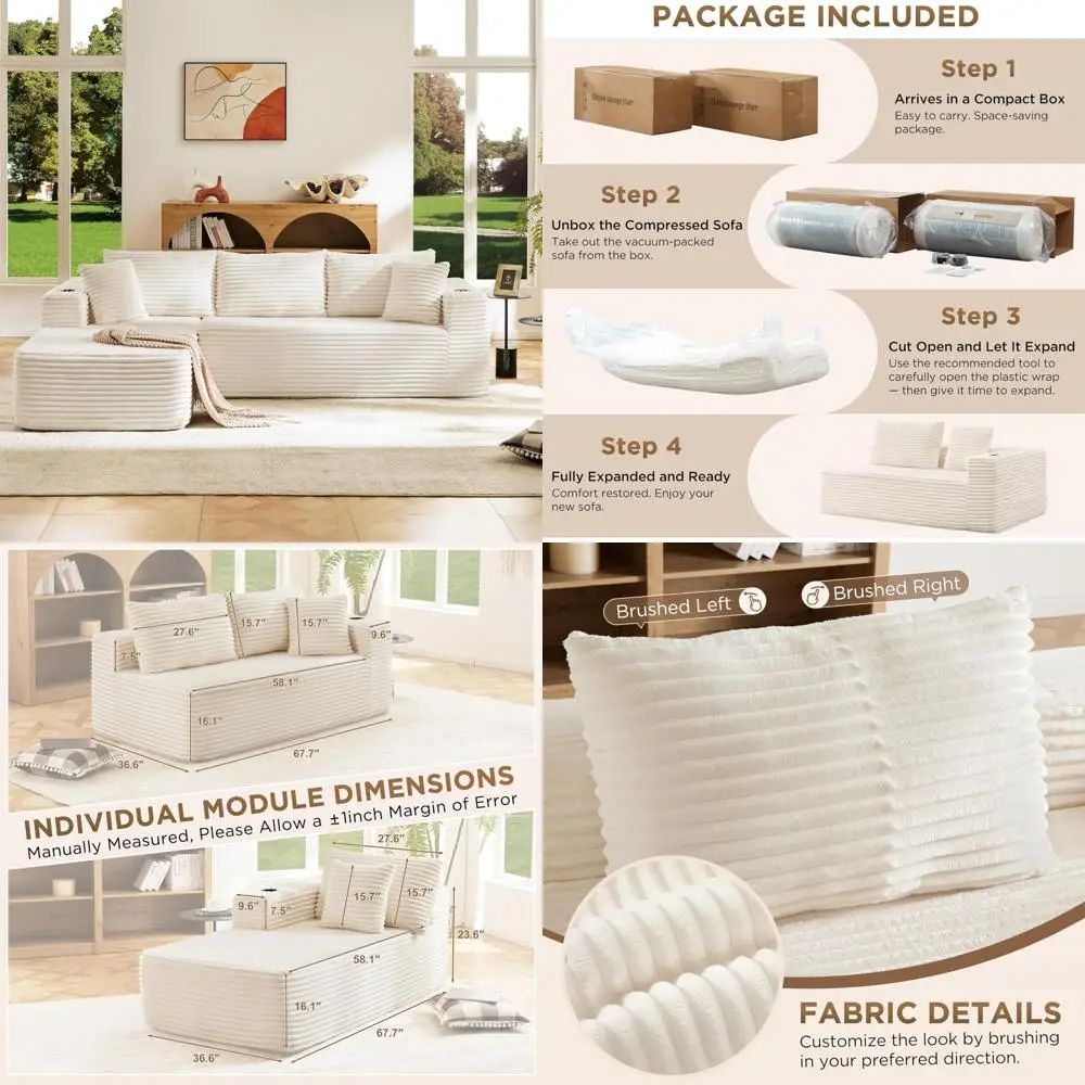 طقم أريكة مقطعية مضغوطة وحدات - تنجيد سروال قصير مخملي، أريكة قابلة للتحويل مع حاملات أكواب ووسائد للمعيشة #1