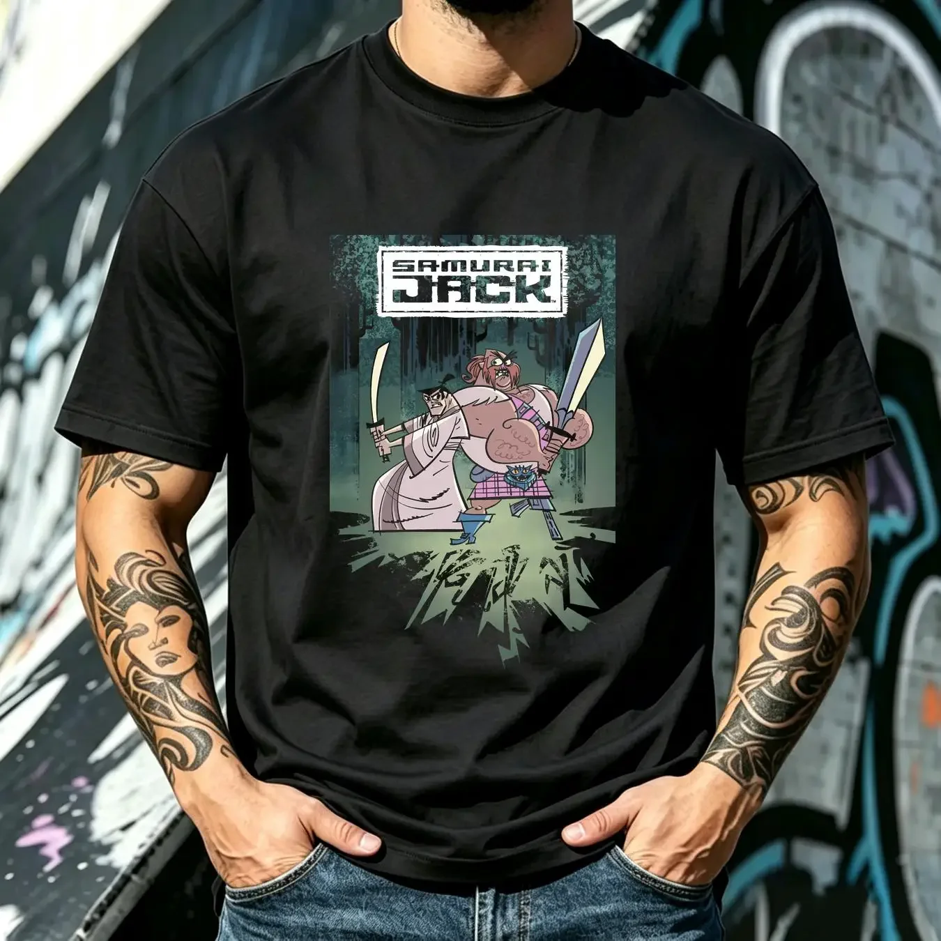 washed T Shirt Samurai Jack Mens Ready to Battle With The Scotsman long or short sleeves vintage Washed graphic homme Stretched