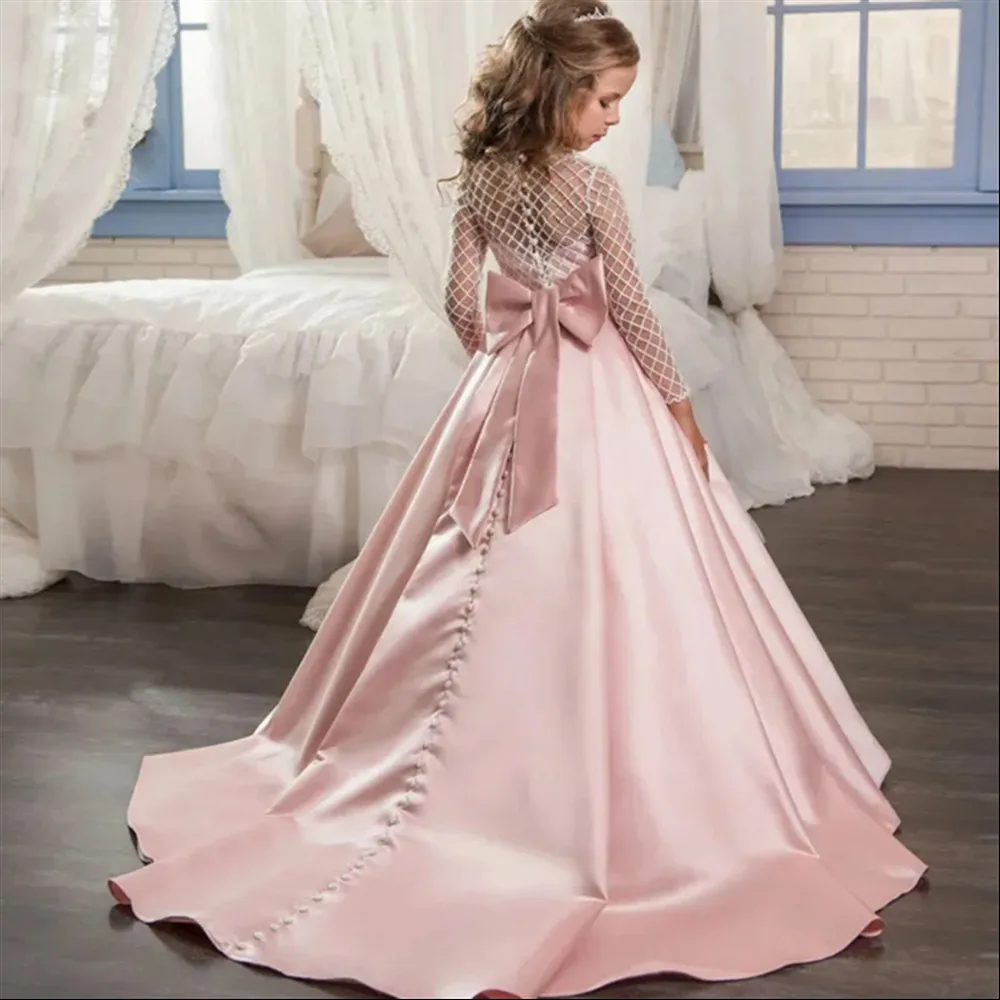 

Elegant Pink Satin Flower Girl Wedding Dress Long Sleeve Bow Kids First Communion Gown Princess Birthday Party Dress Customized