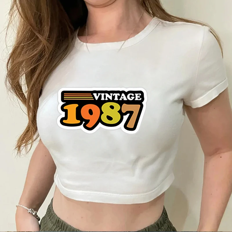 女性のための綿のクロップトップ,カジュアル,女の子のための用途の広い,レトロなスタイル,トレンド,真の多様性,ファッショナブル,1987