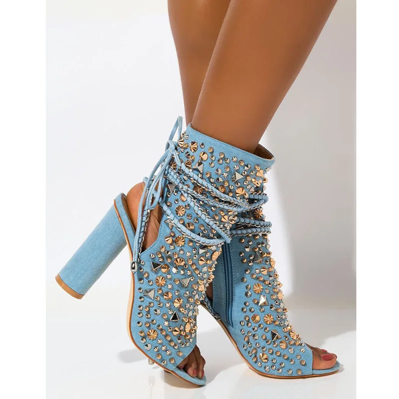 

Sexy Gold Silver Metal Rivets Studs Denim Boots Bandage Slingbacks Chunky Heel Peep toe Jeans Booties Women Cowboy Ankle Boots