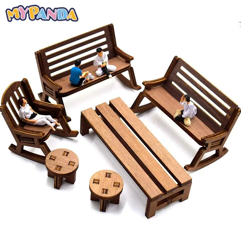 Dollhouse Mininature Table Chair Mini Wooden Bench Rocking Chair Furniture Model Doll House Decor For Kids Pretend Play Toy