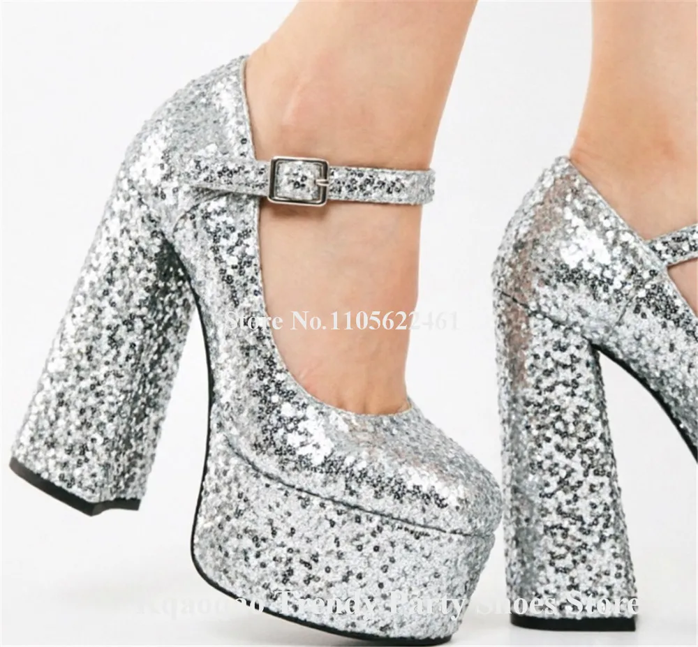 Kqaoqao Shining Gold Silver Red Glitters Chunky Heel Pumps Bling Bling Round Toe High Platform Thick Heel Party Shoes