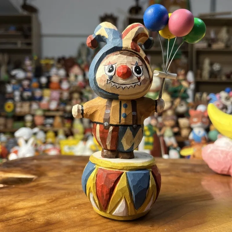 Creative Handmade Solid Wood Carved Balloon Clown Ornament Cute Niche Design Home Decor For Office Desk TV Cabinet Unique Statue