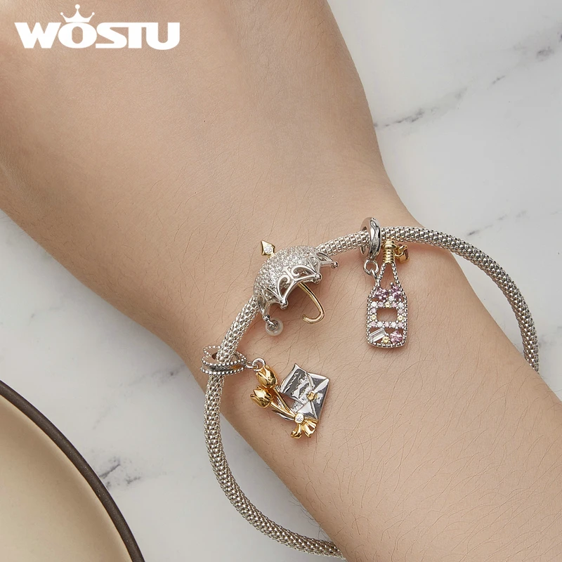 WOSTU 925 Sterling Silver Golden Flower Party Charm Invitation Pendant Dazzling Champagne Fit Original Bracelet Women DIY Gift