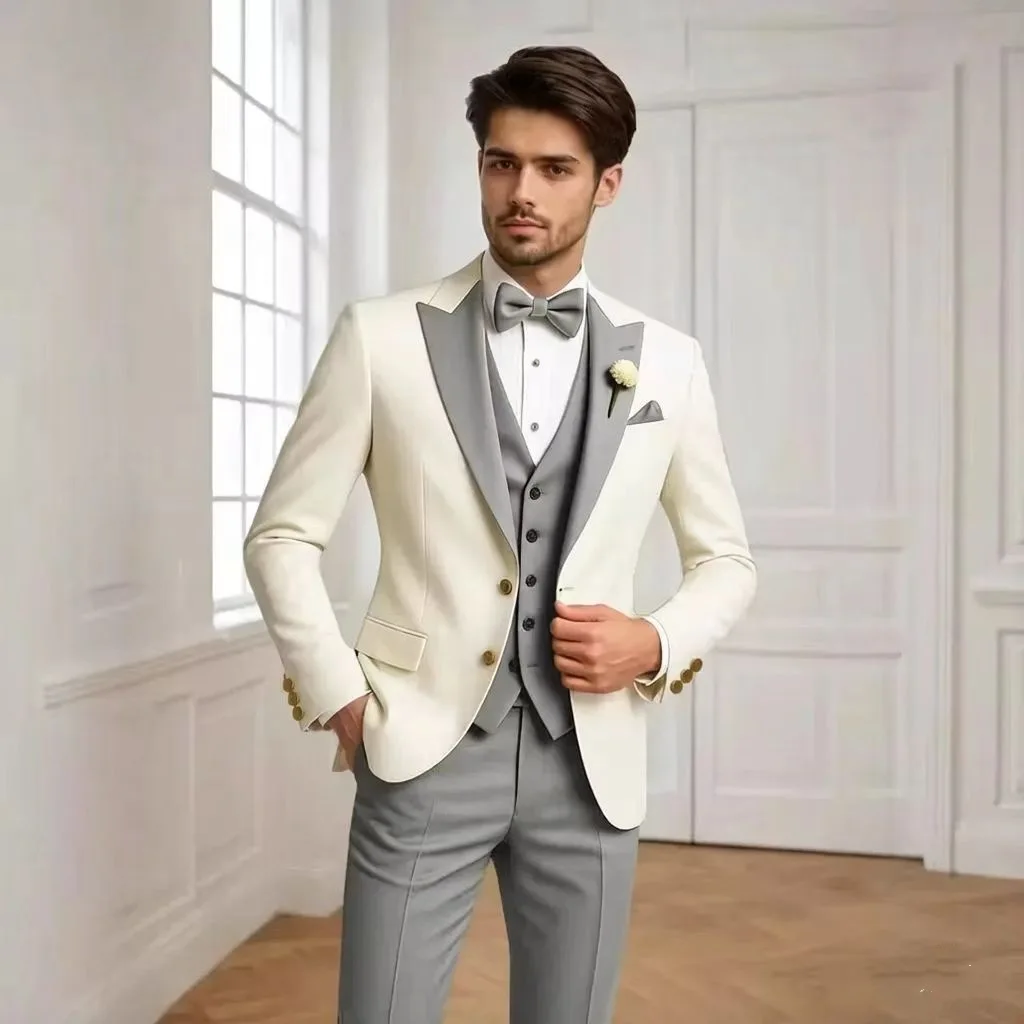 Men British Color Block Spliced Suit European American Luxury Slim Fit 3 Piece Outfit Business Banquet Prom Party Blazer Pants