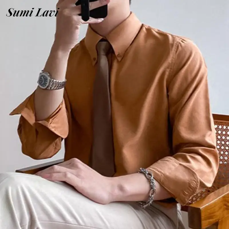 

Stylish Mens Slim Shirts Solid Color Button-up Turn-down Collar Long Sleeve Casual Shirt Tops 2026 Spring Autumn Trendy Cardigan