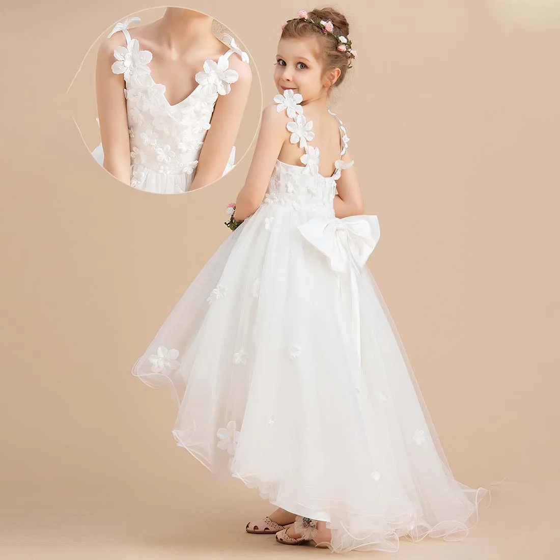 YZYmanualroom Ball Gown Princesa Júnior dama de honra Vestidos V-Neck assimétrico Tulle Flower Girl Dress 4-15T