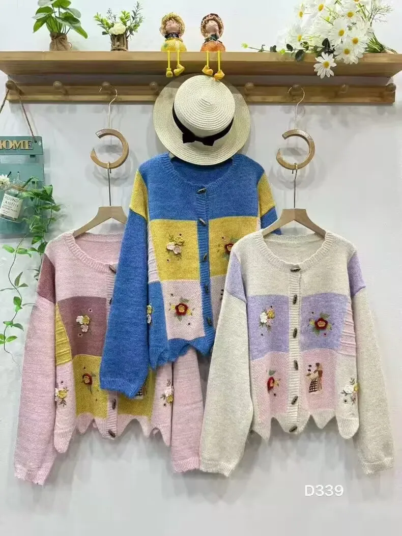 

Vintage Mori Kei Sweet Knitting Cardigan Coat Women Autumn Winter Japan Mori Girl Pink Blue Long Sleeve Sweater