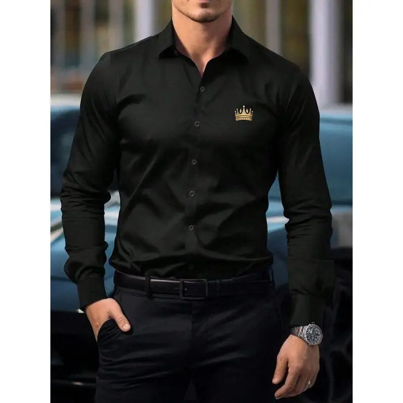 

Men's Business Shirt Formal Ultra Slim Fit PU Leather Fleece Lined Cuba Collar Cleanfit Style Three-quarter Sleeve Color Block