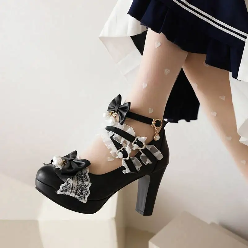 ASILETO Ladies Pumps Round Toe Ultrahigh Heels 9cm Platform 2cm Buckle Strap Bowknot Beads Sweet Lolita Shoes Plus Size 45 46