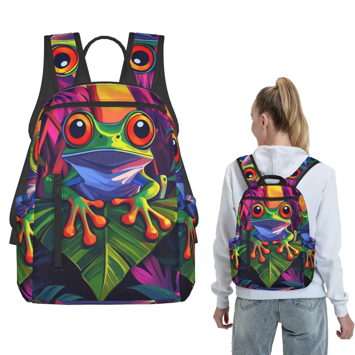 Vibrant Colorful Graffiti Frog Print Backpack Large Capacity Children BookBag School Bag Shoulder Bags for Men Women