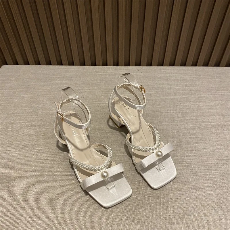 2024 Thick Heel Elegant Satin Pearl One-word Sandals Summer Bow Simple Fashion French Sandals