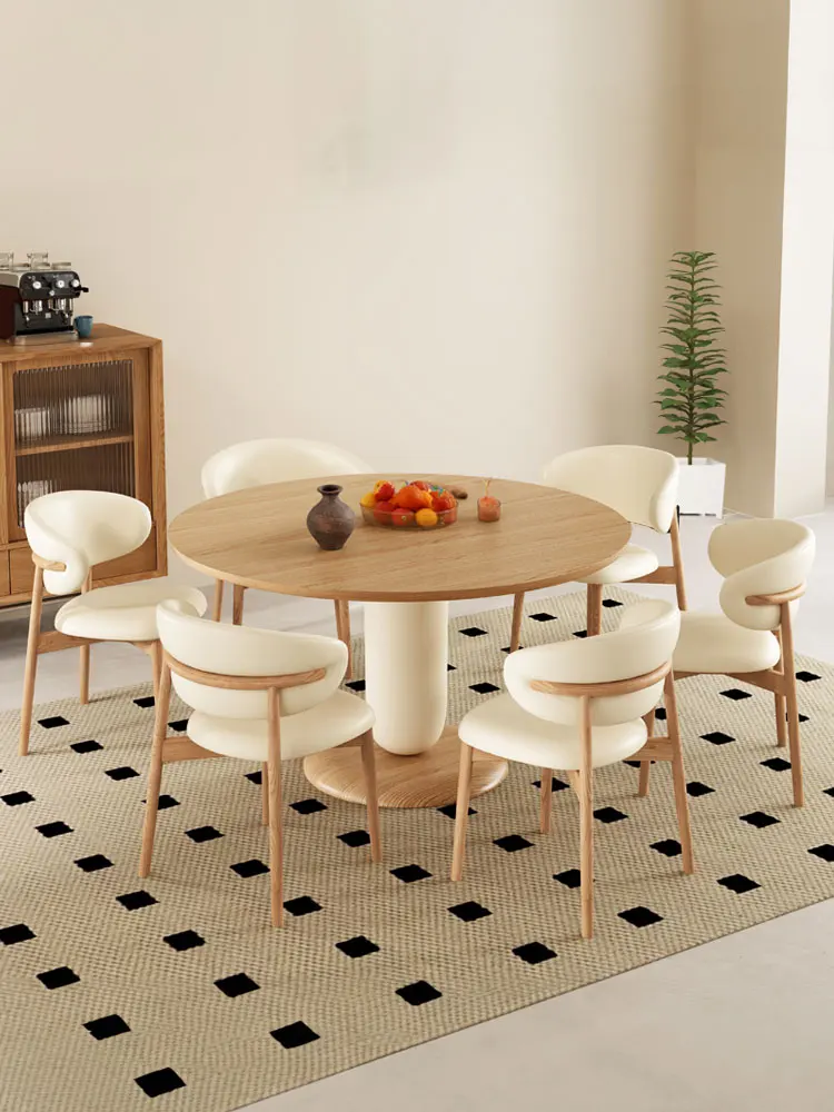 

Cream Style Solid Wood Round Table French Style One Table Four Chairs Japanese Style round Dining Table Nordic Wood Color