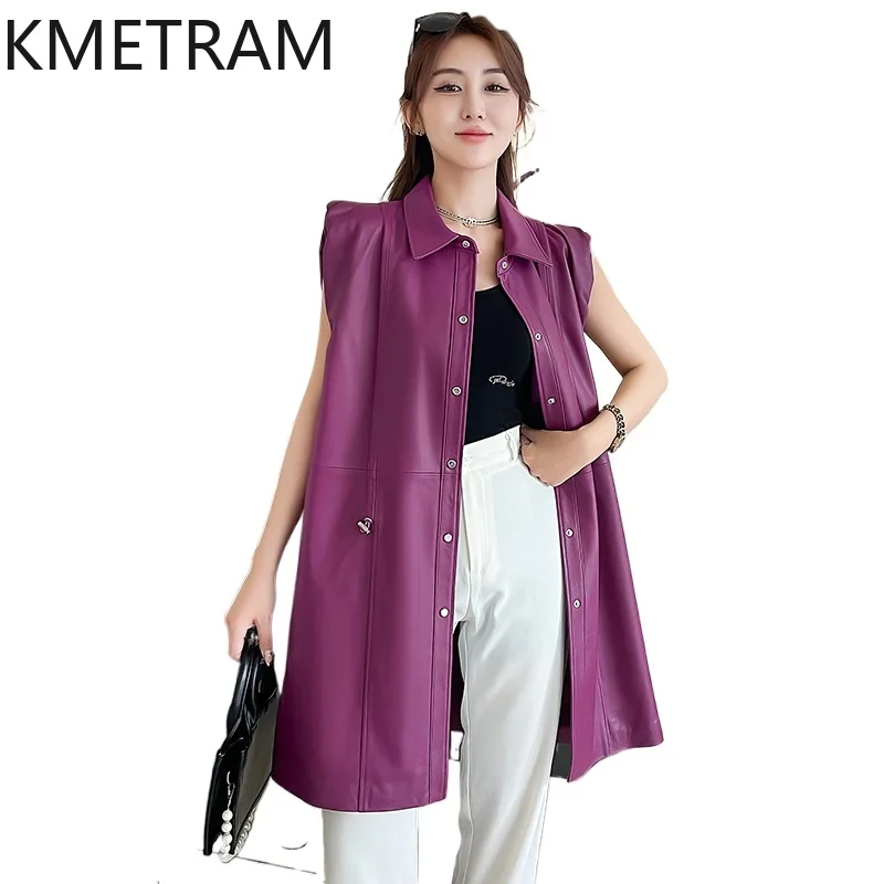 100% Top Layer of Sheepskin Jacket Woman Mid Length Sleeveless Genuine Leather Vest New in Coats Fall Clothes 2025 Women 정품급
