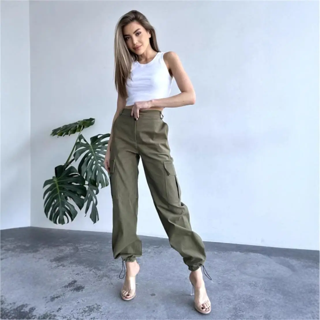 

Women's Casual Sports Work Pants Spring Autumn Long Trousers with Dstring ket Independent Station Cross-Border