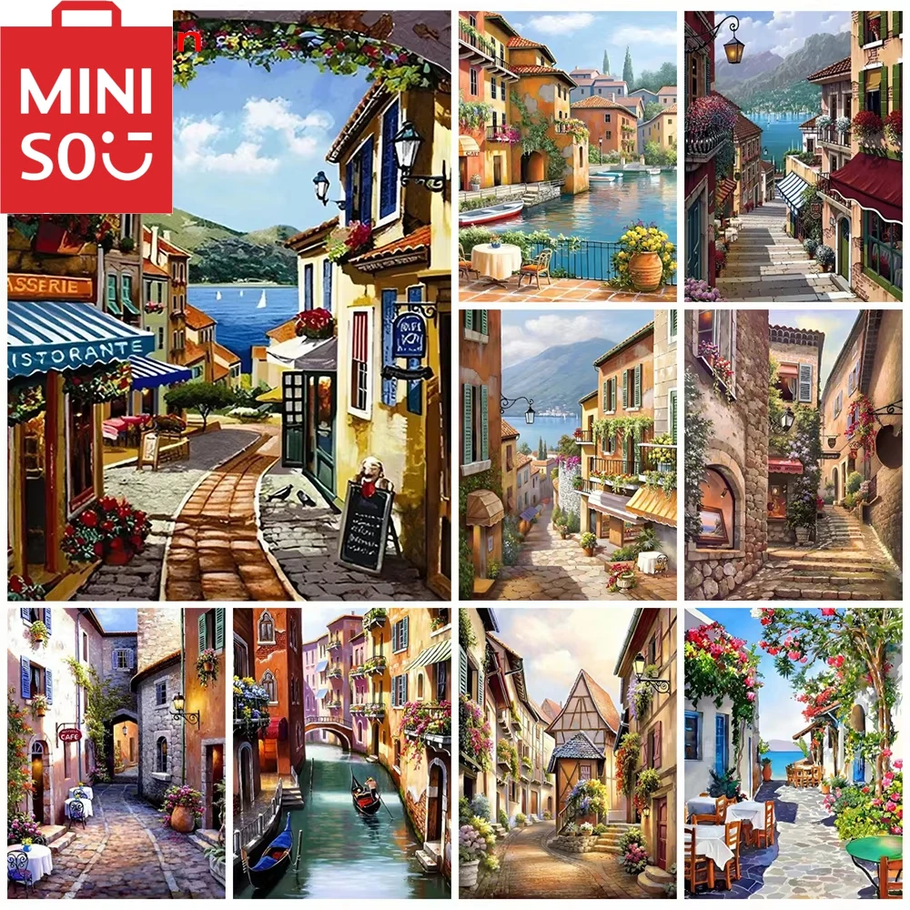 

MINISO картина маслом пейзажная живопись город, гостиная украшения дома фрески, цифровая картина маслом уникальные подарки для взрослых