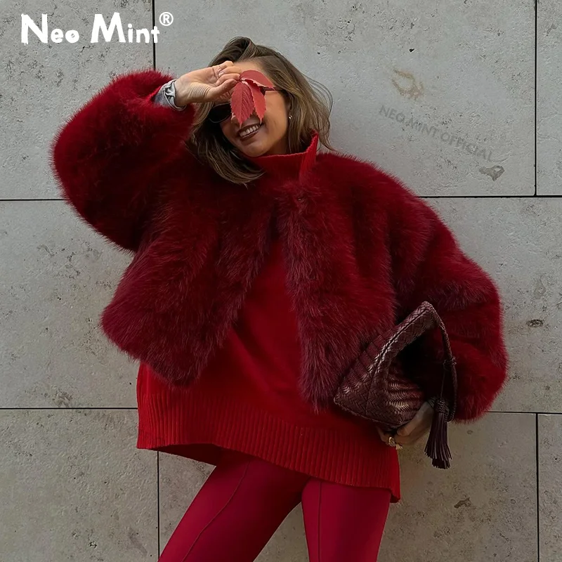 Neo Mint 2025 Ancora Red Christmas New Year Fur Coat Women Cropped Faux Fox Fur Jacket Chic Trendy Fluffy Furry Outerwear Female