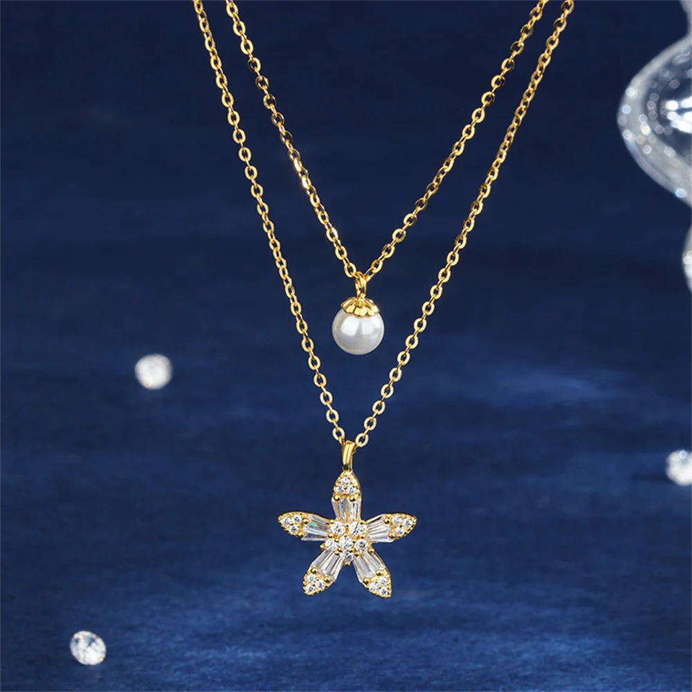 

Korean S925 Necklace - Zircon Flower Pearl Double, Niche, Women's Chic Versatile Collar