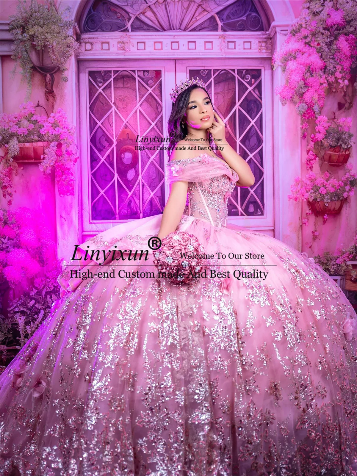 فساتين Quinceanera مكشوفة الكتفين للأميرة مزينة بالترتر الحلو 16 ثوب مخصص لحفلات أعياد الميلاد من Vestidos de quinceanera