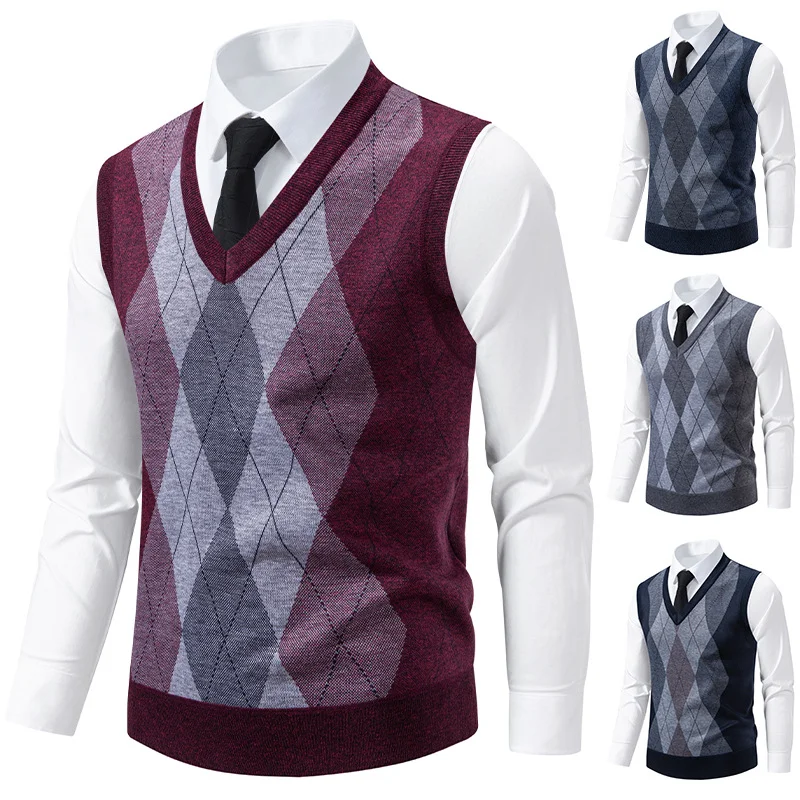 Autumn Winter New Arrival Cardigan Sleeveless Sweater Men Inner Wear Warm Slim Fit Knitwear Fashion Argyle Pattern Vest Coat