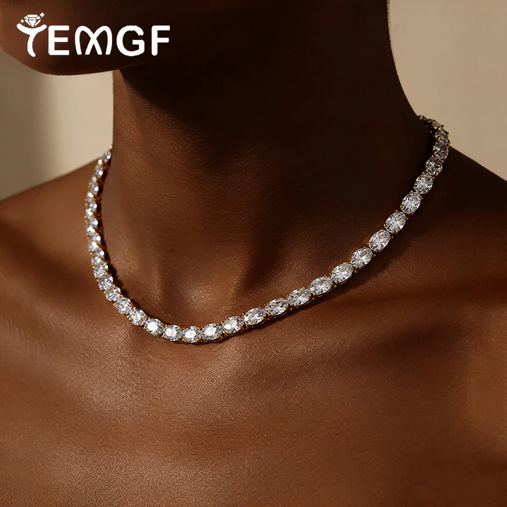 

TEMGF Full D Color Oval Cut Moissanite Necklaces for Women S925 Sterling Silver Tennis Chain Luxury Sparkling Neck Jewelry