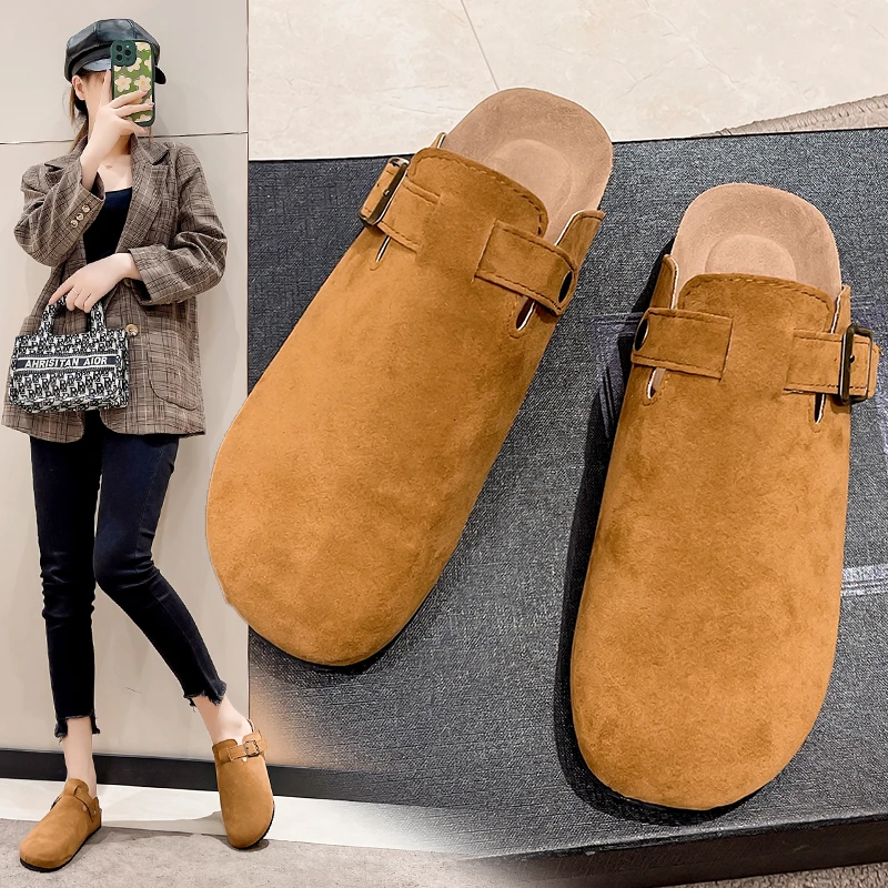 2024 New Autumn Winter Size 45 Mules Modern Sandals Buckle Shoes Strap Concise Retro Outside Flat with Women\'s Slippers Zapatos