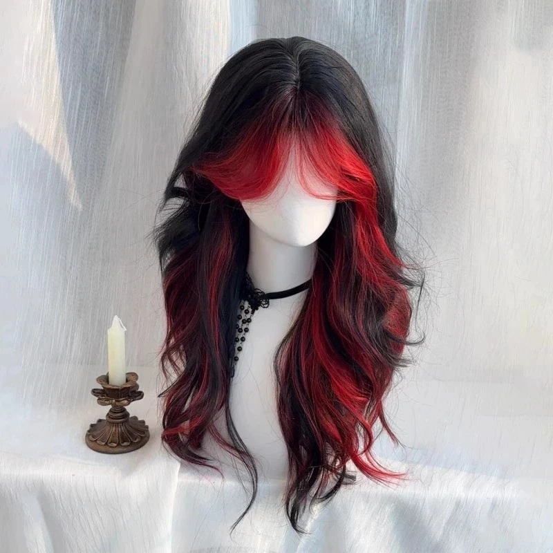 

Women's punk-style wig with black red bangs, middle parting, highlights, and long curly hair