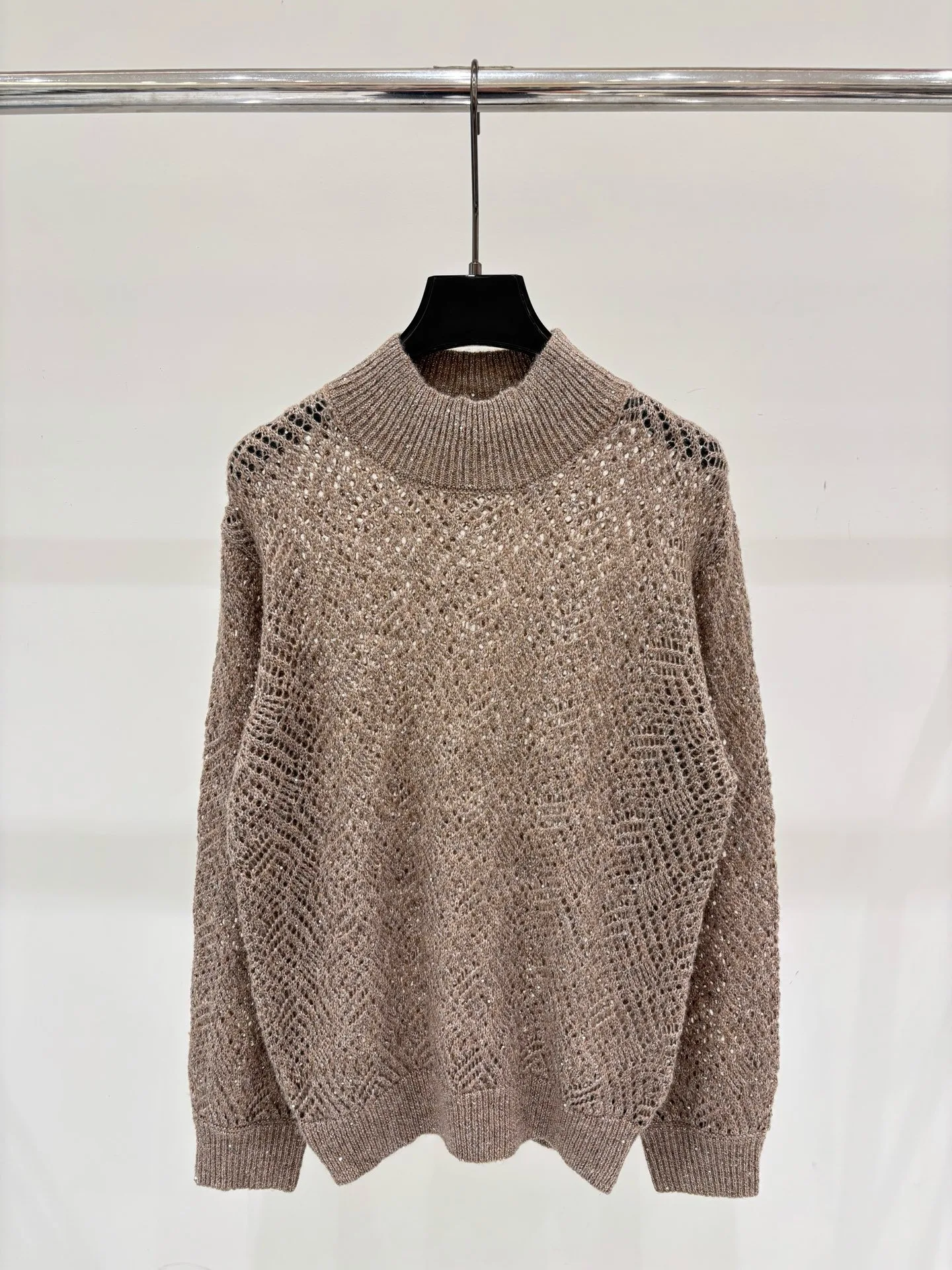 Glitter Hollow Chevron Mesh Knit Top Women Mock Neck Long Sleeve Loose Breathable Layering Sweater