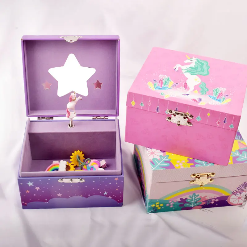 Unicorn Music Box Jewelry Storage Box Desk Organizer w/Mirror Cute Pink Girls Gift Ring/Necklace/Bracelet/Earring Storage Case