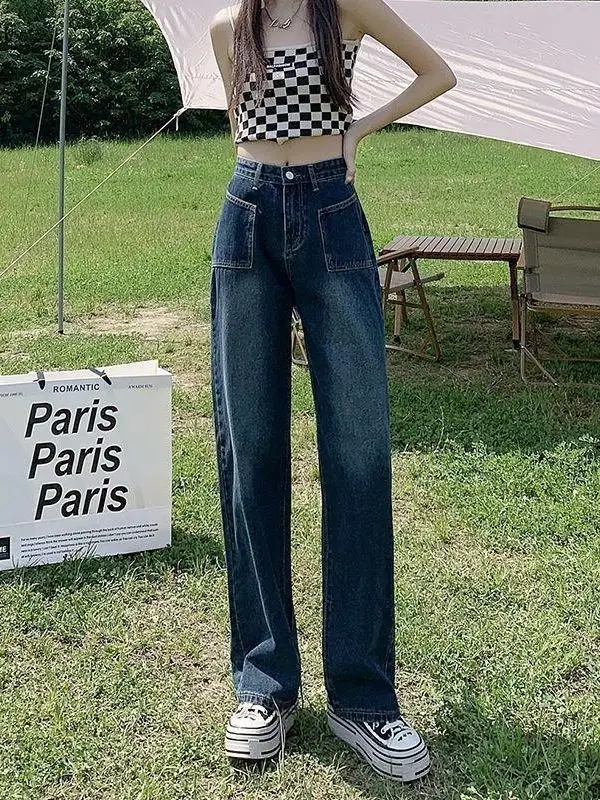 

Blue Jeans Female Clothing Cargo Pockets Multi Pocket Utility Workwear Military Camouflage Denim Fashion Street Style Basic Fall