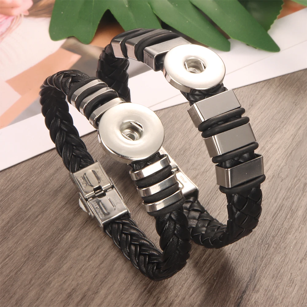 Stainless Steel Black Weave 312 Pu Leather Fit 18mm Snap Button Bangle Bracelet Charm Jewelry For Women Men Gift 21cm 20cm