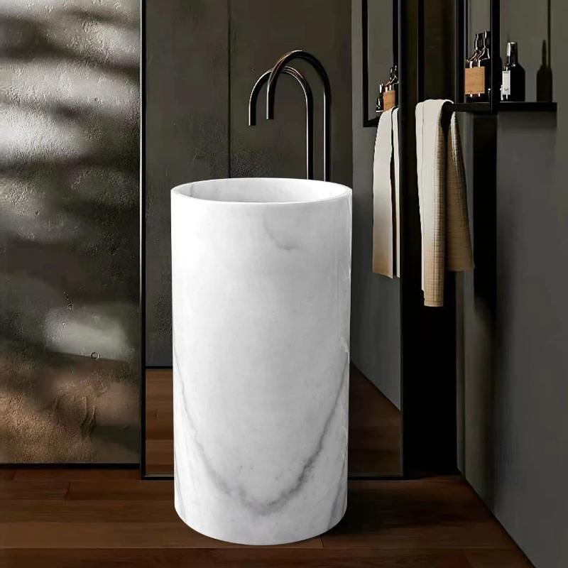 

Natural marble column Italian minimalist wash Villa large size stone wash basin Floor-to-ceiling