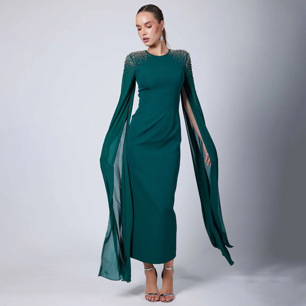 

Dark Green Evening Dress Tea Length Sheath/Column Short Evening Gowns Crystal O Neck Cloak Sleeves Luxury Formal Party Dresses