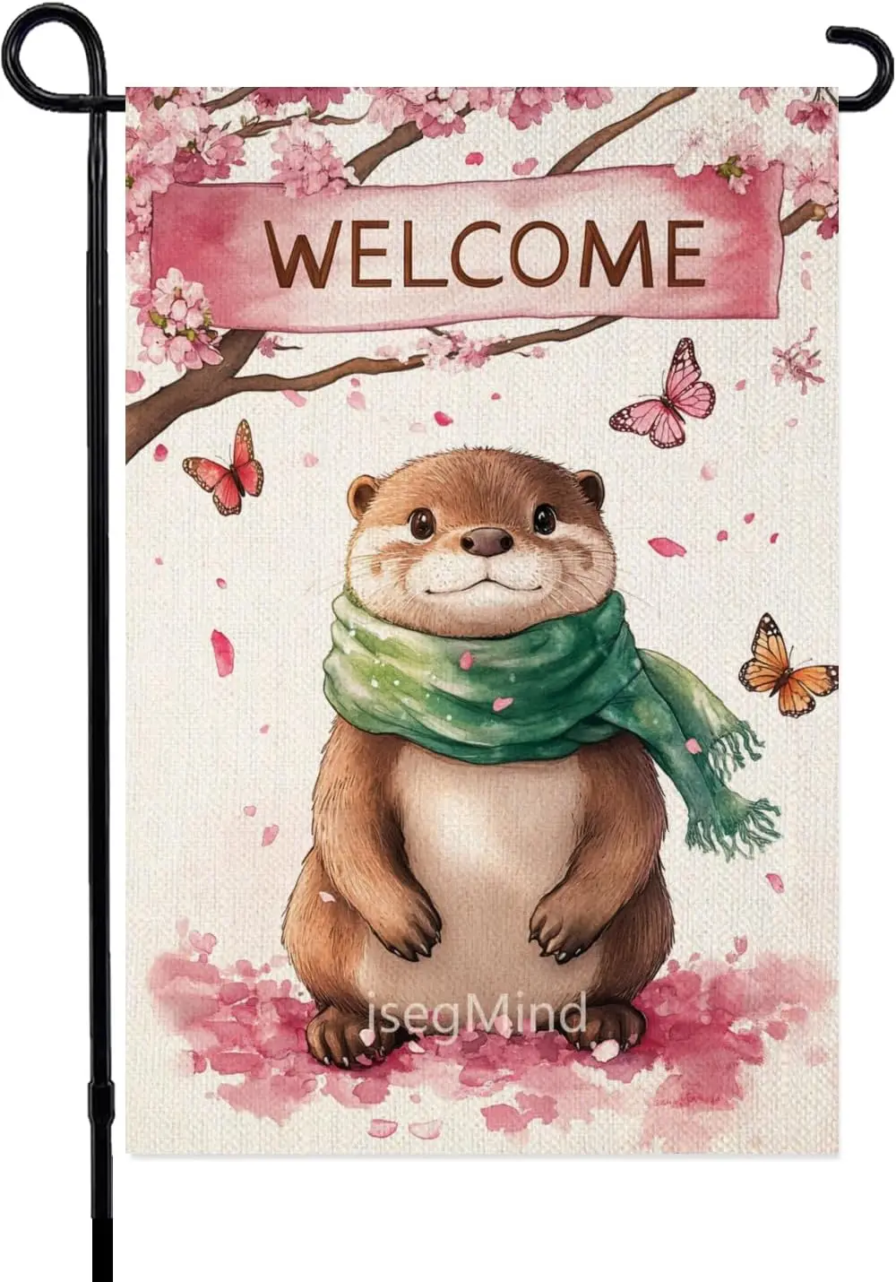 Welcome Spring Summer Garden Flag 12x18 Double Sided Vertical Burlap, Otter Butterfly Flowers for Seasonal Outside Outdoor S zzo