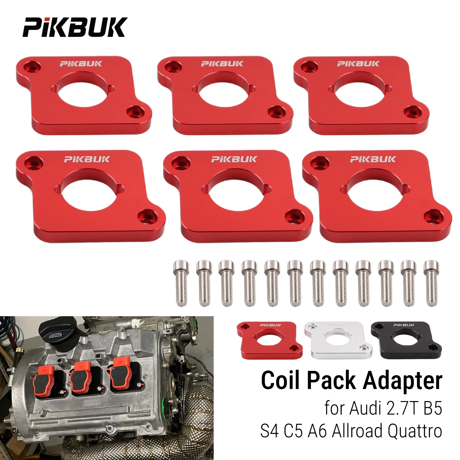 

PIKBUK 6 Pcs R8 - 2.0T Ignition Coil Adapter Kit For Audi B5 S4 and C5 A6 - Allroad 2.7T Aluminum