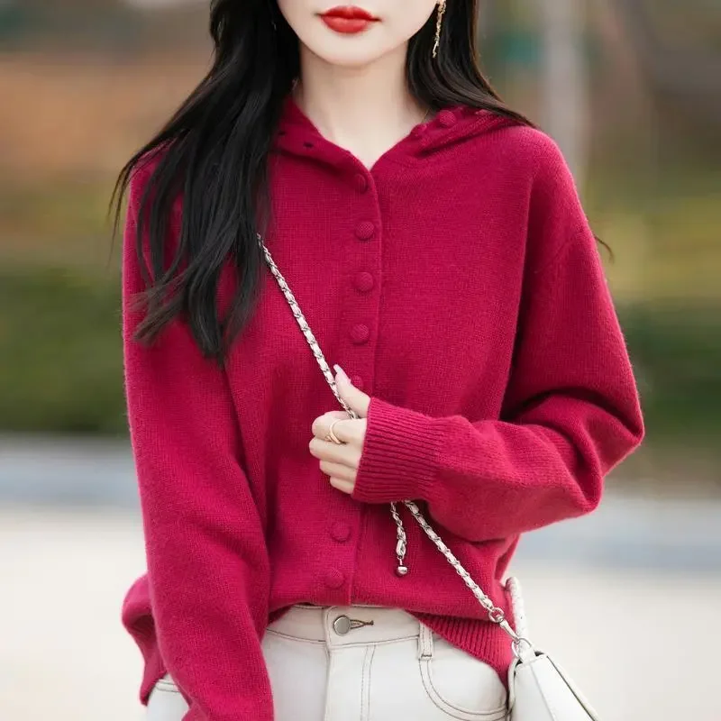 

Women's Clothing Chic All-match Hooded Solid Knit Cardigan Autumn Winter Casual Loose Double Breasted Sweaters Office Lady Tops