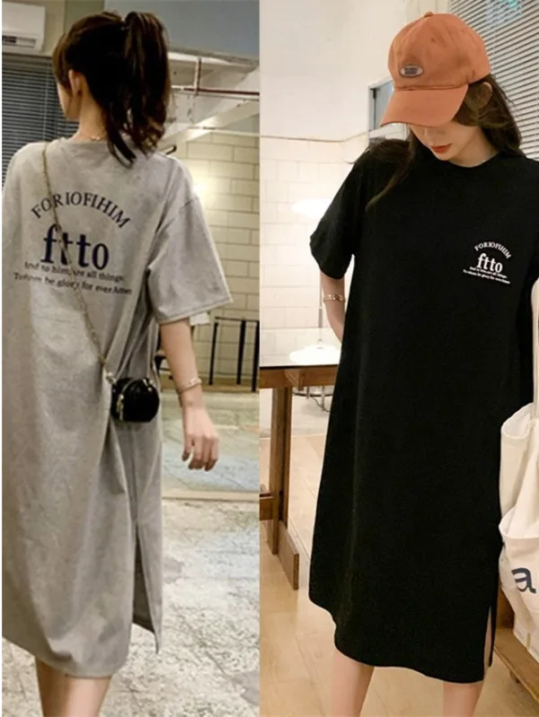 2024 New Korean Fashion Short sleeved T-shirt Dress Loose Size Over Knee Long Dress Fashion Dress Women's Mid length Summer 8C8Y