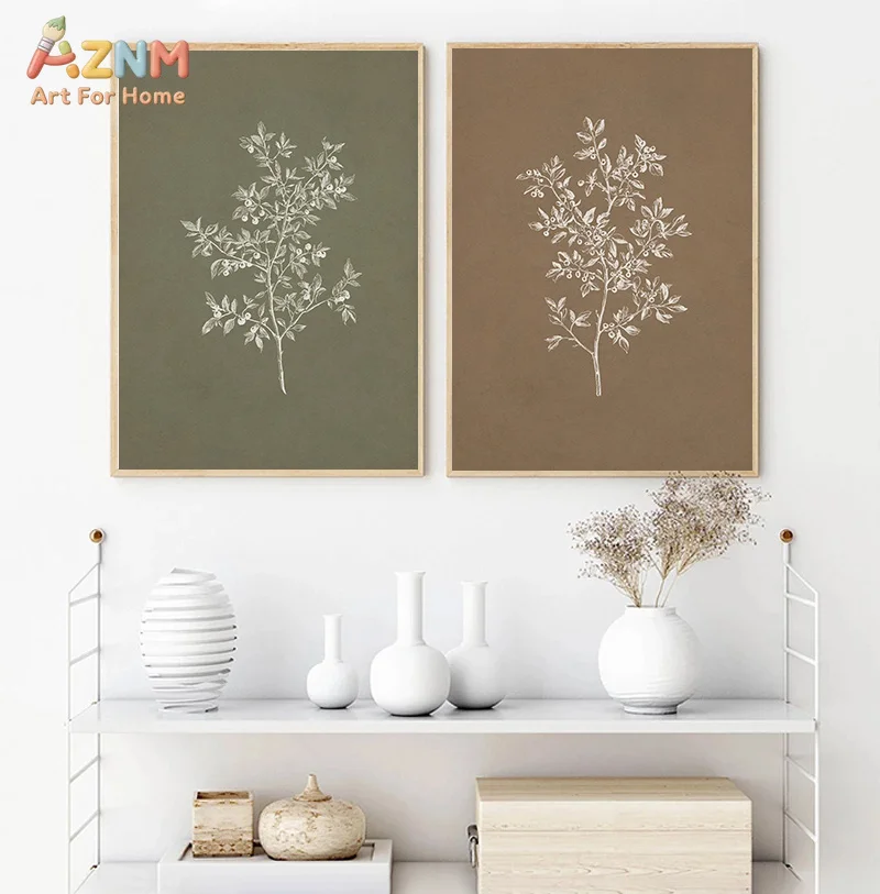 AZNM Vintage Botanical Canvas Print Retro Fern Tree Flower Plant Sketch Neutral Earth Tone Minimalist Floral Wall Poster Unframe