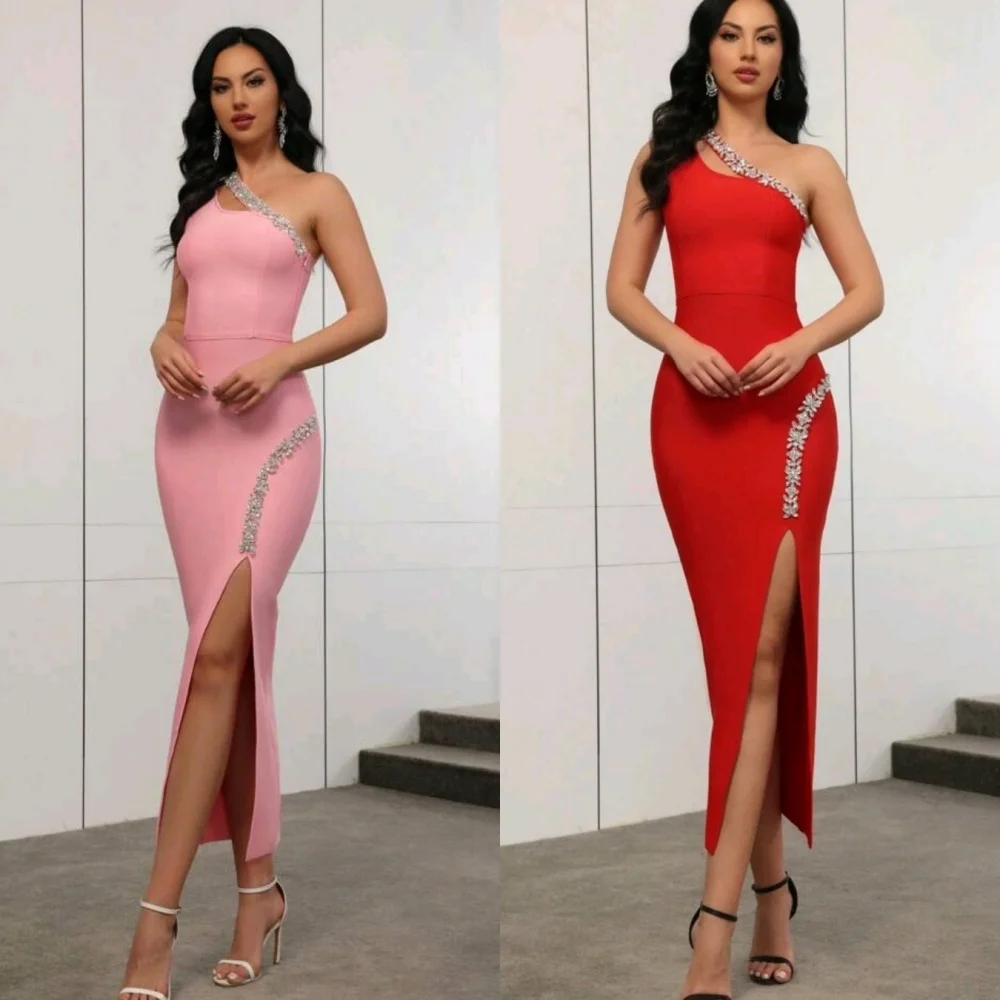

Customized Modern Style Elegant Jersey Rhinestone Pleat Column One-shoulder Ankle Length Dresses Bespoke Occasion Dresses Sexy