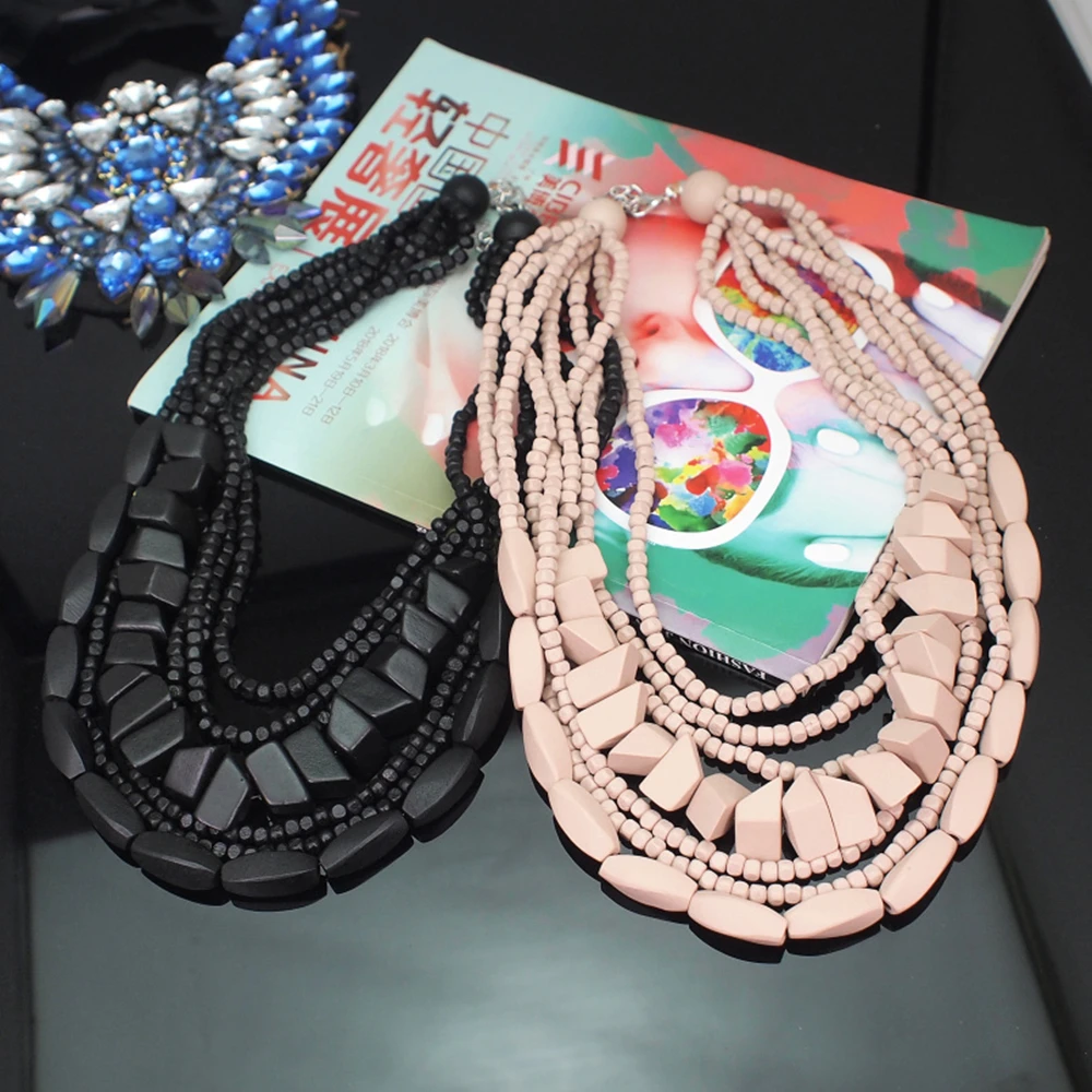 Multilayer Wood Bead Choker Necklaces For Women Handmade Beaded Pendant Statement Colorful Necklace Bohemian Fashion Jewelry image 3