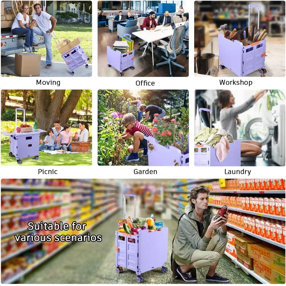 Foldable Utility Cart Collapsible Portable Crate Rolling Carts with Wheels Tote Basket with Magnetic Lid Telescopic Cover