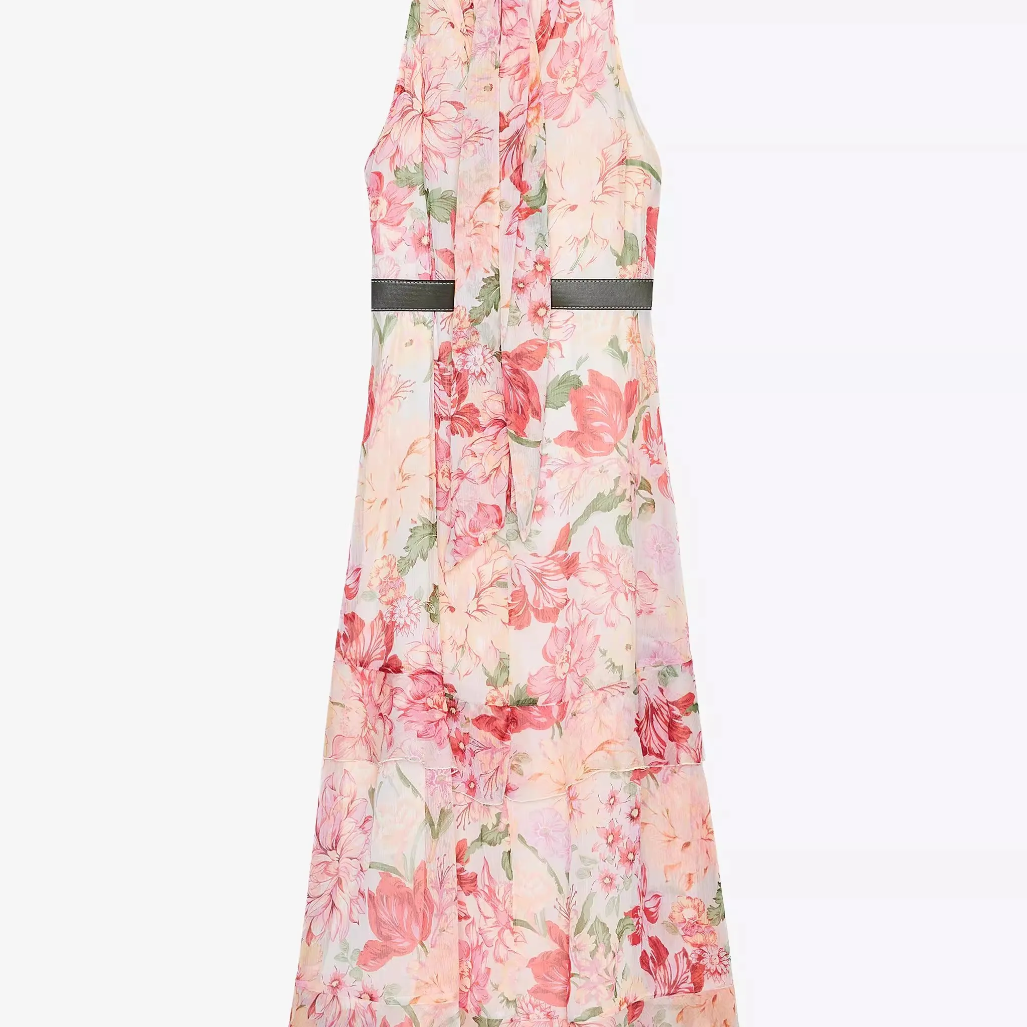 E cintura alta impro maxi vestido sem mangas gola em camadas decoração nova coleção de verão moda fena  kiss