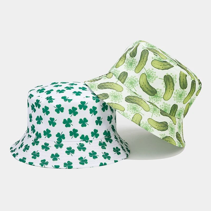 St. Patrick's Day Shamrock Print Bucket Hat, Green Clover Pattern Sun Cap for Men Women Outdoor
