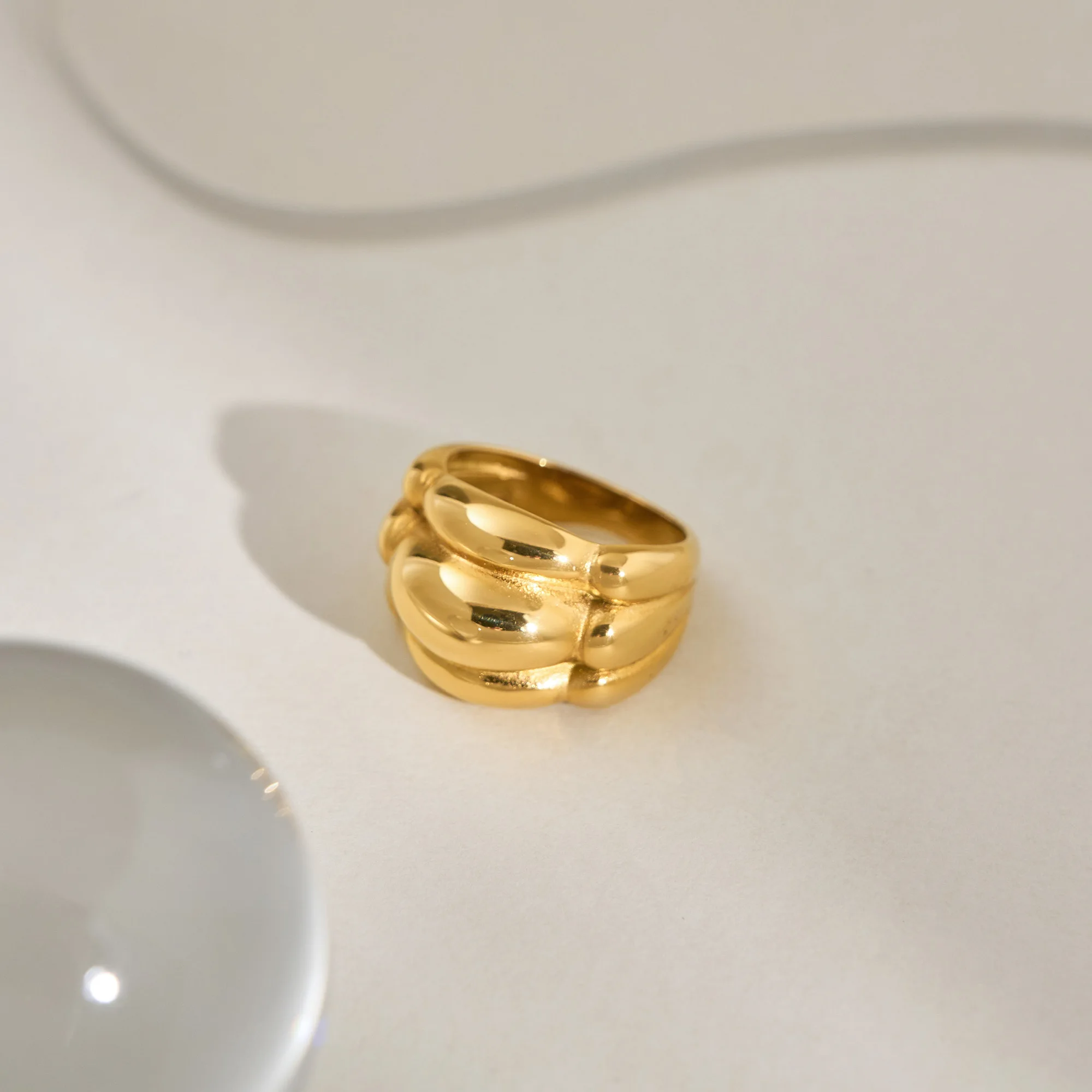 DASEIN New Vintage High Quality Three Layer Wide Ring INS 18k PVD Gold Plated Stainless Steel Catwalk Show Unisex Jewelry