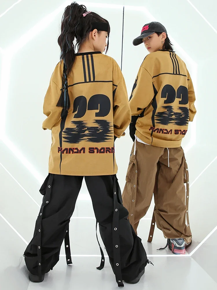 Costume Girls Jazz Kpop Performance Outfits Stage Wear Kids Hip Hop Dance Clothes Khaki Tops Brown Pants Boys Street Dance