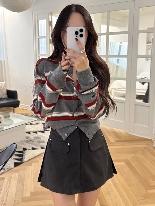 Retro Chic Long Sleeve round Neck Knitted Cardigan Sweater Women's Slimming Striped Open Front Knitwear Autumn Winter Fashion