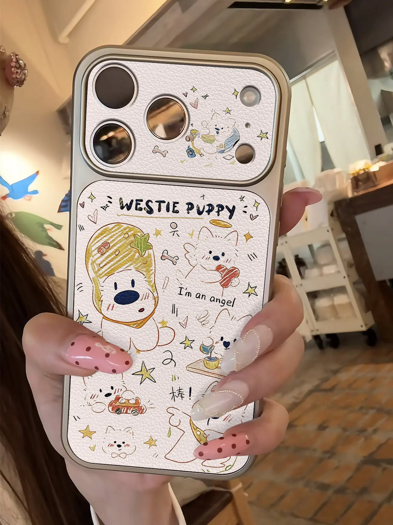 Koreanische Niedliche Welpen-Karo-Imitat 17 Handyhülle für iPhone 13 14 15 16 17 Pro Max 17Pro, Galvanisierter Stoßfänger, Stoßfeste Lederhülle – Detail 4